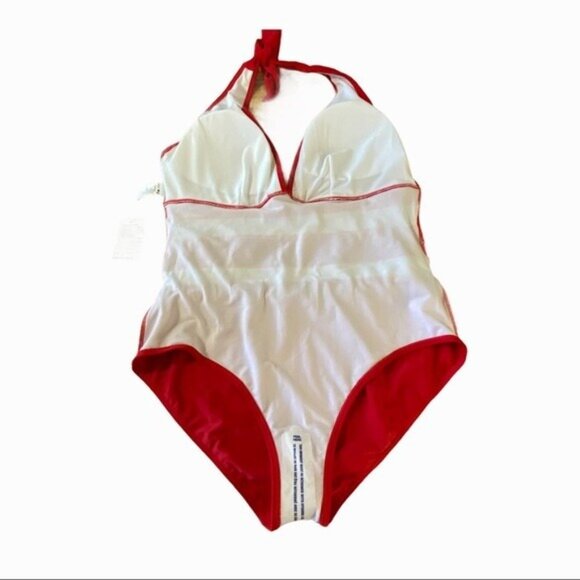 NWT COCOSHIP Plunging Neck One Piece Swimsuit Pom Pom Tassel 16 Red White - Picture 8 of 12